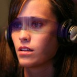 A mockup of an augmented reality mobile phone using a curved LED screen that renders augmented reality data for the wearer/user from cameras mounted on one or both sides.
