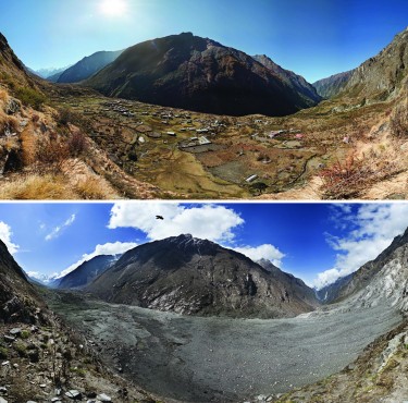 Before-and-after photographs of Nepal’s Langtang Valley showing the near-complete destruction of Langtang village due to a massive landslide caused by the 2015 Gorkha earthquake.