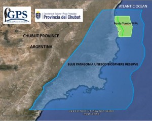 Map showing the UNESCO biosphere reserve (blue) and offshore marine protected area (green).