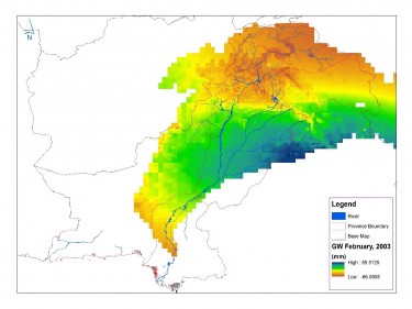 Pakistan water managers used GRACE satellite data to produce this map of monthly groundwater changes in the Indus River Basin. Orange and yellow indicates areas where groundwater might be depleted while blue and green highlights areas where groundwater is being replenished.