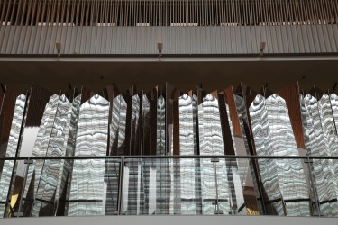 "Mirrorfold" (2015) is a sculpture of polished stainless steel by John and Patricia Patkau located on the second floor of the Odegaard Undergraduate Library .