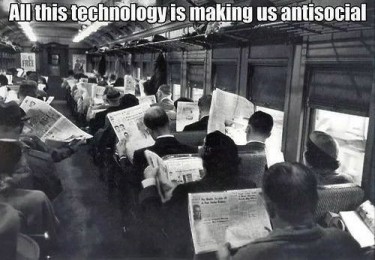 Gomez and co-authors are the first to study how images relate to the "pushback" phenomenon. "We studied the use of humor, metaphor and blurring of boundaries between 'real' and 'virtual,' which don't come up much in textural studies of media resistance," Gomez said. Here, the use of text over a vintage image plays with the notion that newspapers, too, made us less social.