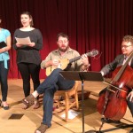 Performers in UW Collegium Musicum rehearse for their concert April 29 concluding the colloquium "Shakespeare, Music, and Memory." From left are Linda Tsatsanis and Emerald Lessley, sopranos; John Lenti on baroque guitar and lute and Nathan Whittaker on baroque cello.