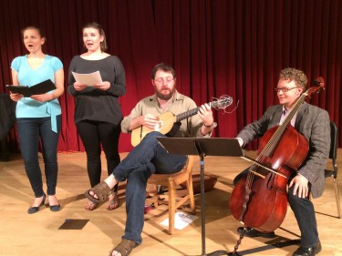 Performers in UW Collegium Musicum rehearse for their concert April 29 concluding the colloquium "Shakespeare, Music, and Memory." From left are Linda Tsatsanis and Emerald Lessley, sopranos; John Lenti on baroque guitar and lute and Nathan Whittaker on baroque cello.