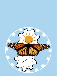 Image of a monarch butterfly with the sun and a clock.