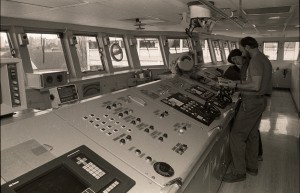 black-and-white photo of navigation bridge