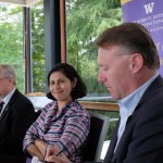 Saadia Pekkanen, Job and Gertrud Tamaki Professor and associate director of the UW's Jackson School of International Studies, chairs a capstone meeting for junior fellows of the school's Space Security Initiative Wednesday, June 8, at the University of Washington Club. From left, others are: Kristian Ulrichsen, affiliate professor of international studies; Alan Boyle, journalist with GeekWire; and John Thornquist, director of the Office of Aerospace for the Washington State Department of Commerce.