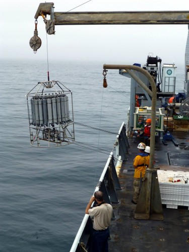 Researchers aboard the research vessel Thomas G. Thompson lower a collection device into the waters of Barkley Sound, British Columbia, to capture water from a low-oxygen zone.