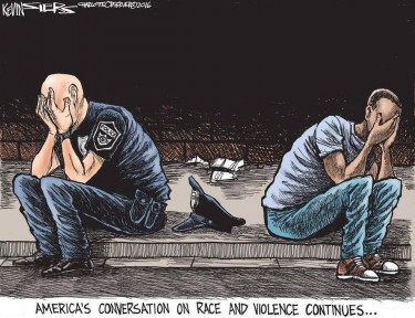 The Editorial Cartoons exhibit follows not only the campaign but also major stories of the year that affect the race. Among these is this poignant cartoon by Kevin Siers of The Charlotte Observer, following the police shootings in Dallas, Texas. Used with permission.