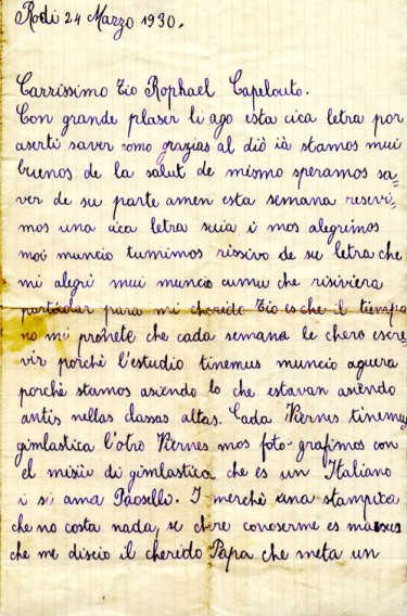 A Ladino letter written by 9-year-old Claire Barkey on the island of Rhodes to her uncle Raphael Capeluto in Seattle. "Notice her use of Italian-style orthography, a clear influence of the local cultural environment on the island, then an Italian colony," the UW Stroum Center notes. Dated March 24, 1930. Goes with a Q and A about the book A Hug from Afar.