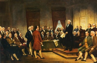 An image of artist Junius Brutus Stearns' painting of George Washington signing the U.S. Constitution at the Constitutional Convention of 1787. The University of Washington will hold its annual Constitution read-aloud event on Oct. 7 at Suzzallo Library.