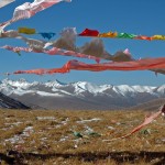 Buddhist flags blowing in wind