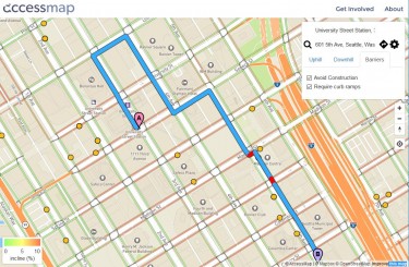 AccessMap provides customized directions for Seattle pedestrians and wheelchair users looking to avoid hills, construction sites and other accessibility barriers. In this example, Access Map routes users trying to reach Seattle City Hall via Pike Street rather than directly up steep Seneca Street.