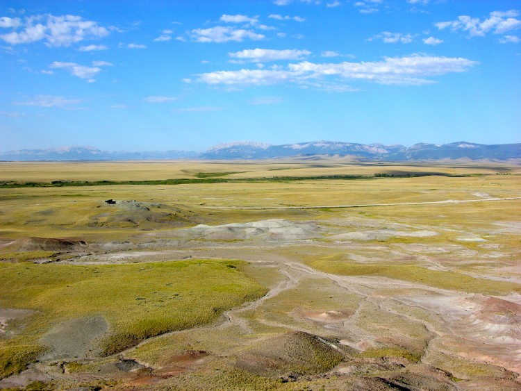 A valley with mountains in the background.