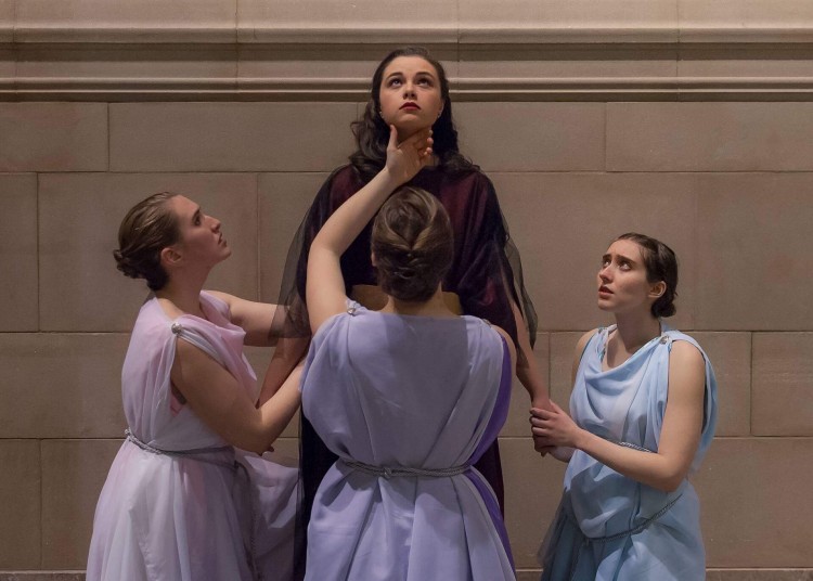 The Undergraduate Theater Society will present "Medea" Feb. 23 through March 5 in the Cabaret Theater of Hutchinson Hall. Shown from left are student actors Ariaga Mucek, Jordan Kerlaske (in the title role), Annika Knapp, and Anaïs Gralpois.