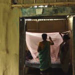 A woman inspecting a mosquito net.