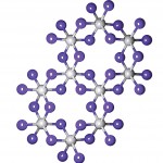 A top-view depiction of a single layer of CrI3. Chromium atoms are depicted in grey, with iodine atoms in purple.