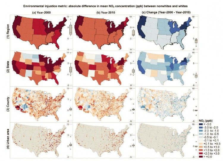 In columns A and B, red identifies locations where NO2 concentrations were higher for nonwhites than whites; blue indicates that NO2 concentrations were higher for whites than nonwhites; and white means they were equal. In column C, red indicates that the absolute difference in NO2 concentration between nonwhites and whites increased over time; blue indicates that difference decreased over time; and white indicates no change.