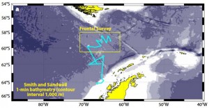 The Wave Glider followed the blue line. It began in summer off the Antarctic Peninsula and traveled north across Drake Passage. The ocean drone zigzagged through the region where Pacific and Atlantic water meets Southern Ocean currents, in which temperatures change dramatically and most mixing occurs.