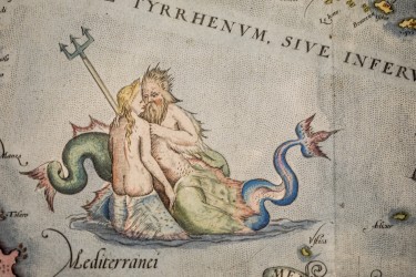 King Neptune and a mermaid canoodle in this close-up from "Italiae novissima," a 1579 hand-colored copper engraving by Abraham Ortelius of Antwerp. Part of UW Libraries Special Collections' "All Over the Map" exhibit.