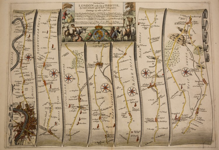 "The Road from London to the City of Bristol," a map circa 1675 by Scottish cartographer John Ogilby -- part of "All Over the Map: From Cartographs to (C)artifacts," a UW Libraries Special Collections exhibit in Allen Library, on display until Jan. 31, 2018.