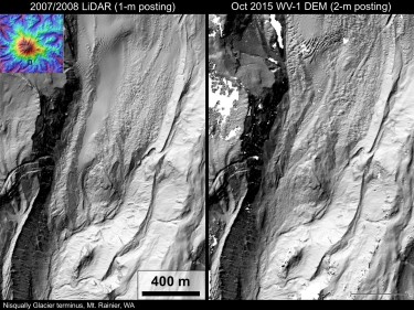 The left is costly aerial lidar data, collected in a 2007 survey, and the right is 2015 satellite data, both for the tip of Nisqually Glacier on Mount Rainier. Comparing these data shows roughly 300 meters (1,000 feet) of terminus retreat from 2007 to 2015.