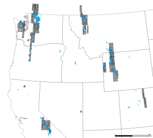 map of Western U.S. with blue areas