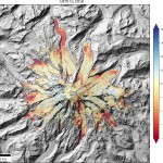 aerial view of Mount Rainier with red zones