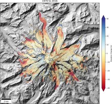 aerial view of Mount Rainier with red zones