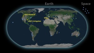 A map of Earth, showing the locations of key astronomical observatories
