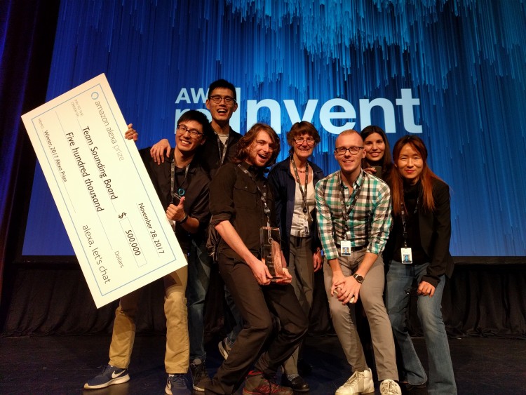 The UW Sounding Board team (left to right: Hao Fang, Hao Cheng, Ari Holtzman, Mari Ostendorf, Maarten Sap, Elizabeth Clark, Yejin Choi) wins Amazon's first Alexa Prize.