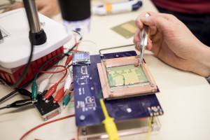 A digital microfluidics prototype in the UW's Molecular Information Systems Lab.