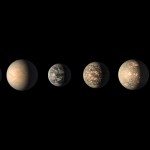 This artist's concept shows what the TRAPPIST-1 planetary system may look like, based on available data about the planets' diameters, masses and distances from the host star, as of February 2018.