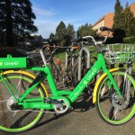Green bike parked in a bike rack