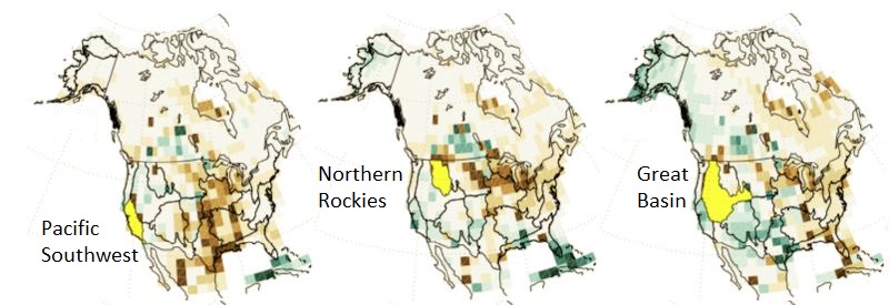 three U.S. maps showing brown along the east