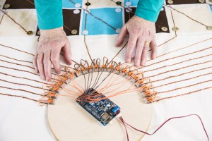 Close up of the Arduino microcontroller on the quilt
