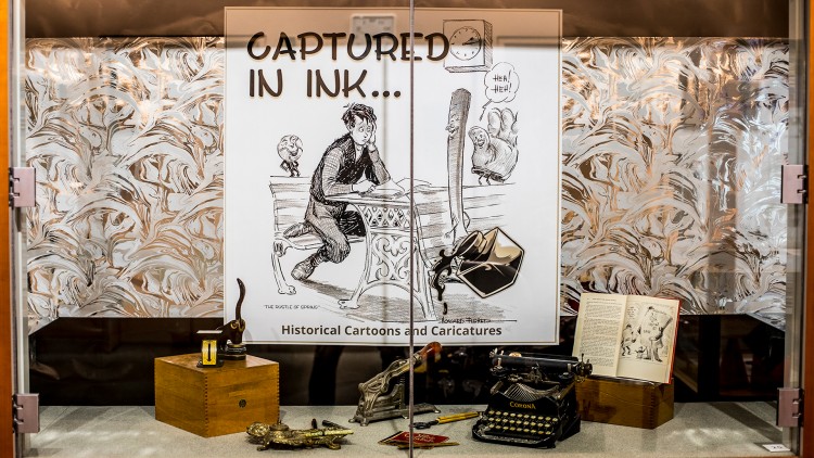 "Captured in Ink: Historical Cartoons and Caricatures" is a UW Libraries Special Collections exhibit in the Allen Library South Basement. The exhibit features recently acquired drawings by Howard Fisher, an editorial cartoonist for the Oregon Journal, a Portland newspaper that folded in 1982, as well as many other historical drawings.