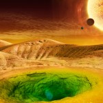 This image is an artist’s conception of what life could look like on the surface of a distant planet.