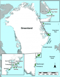 map with green stars on east coast