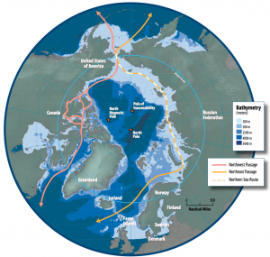 Arctic Ocean map showing both shipping routes