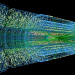 A simulation of a particle physics experiment.