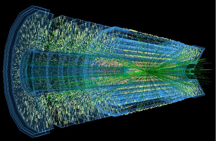 A simulation of a particle physics experiment.