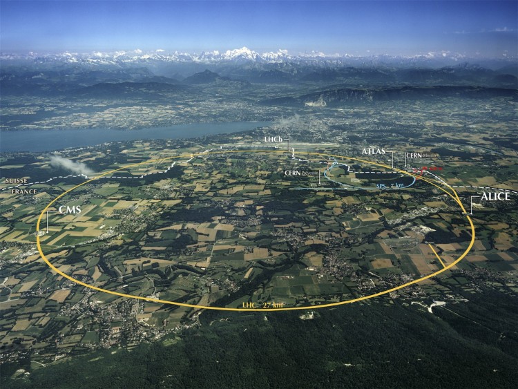 An aerial view of a particle physics experiment in Europe.