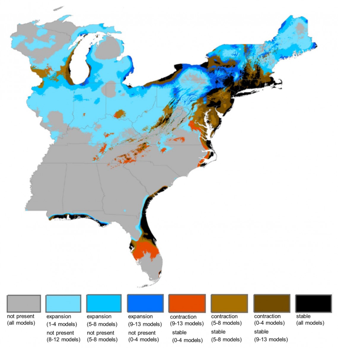 map showing blue in Northeastern U.S. and red in Florida
