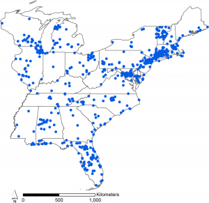 Eastern U.S. map with blue dots