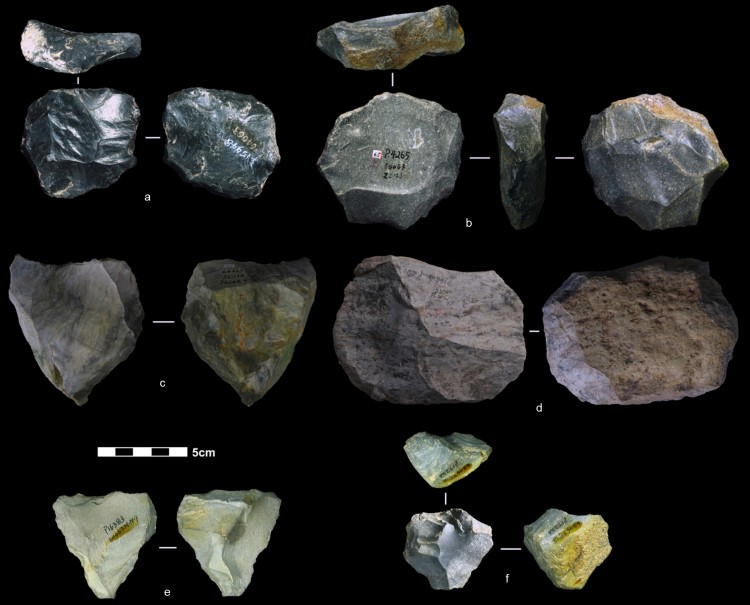 These artifacts found in China are among the nearly four dozen that reflect the Levallois technique of toolmaking. In a paper published Nov. 19 in Nature, researchers date these artifacts to between 80,000 and 170,000 years ago. Photo of various stones, shaped by knapping.
