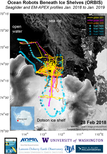 colored travel paths over Antarctic map