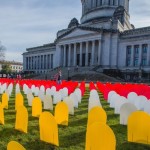 Mock headstones outside the State Capitol mark the number of people who died by suicide in Washington in one year. Forefront Suicide Prevention, based at the University of Washington, places the headstones as part of its annual Education Day event in Olympia. Photo of hundreds of headstones on the lawn in front of the State Capitol building.