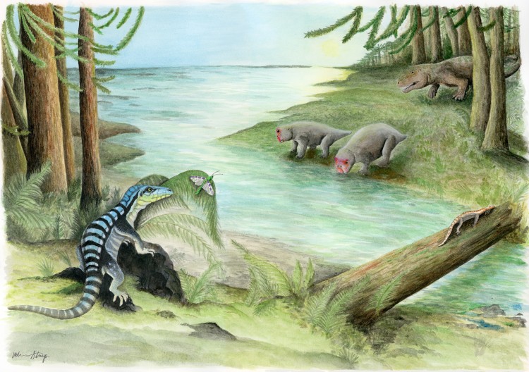 An illustration of a forest in Antarctica 250 million years ago, showing reptiles that lived there.