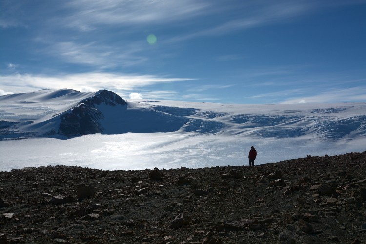 A person standing in an Antarctic landscape.